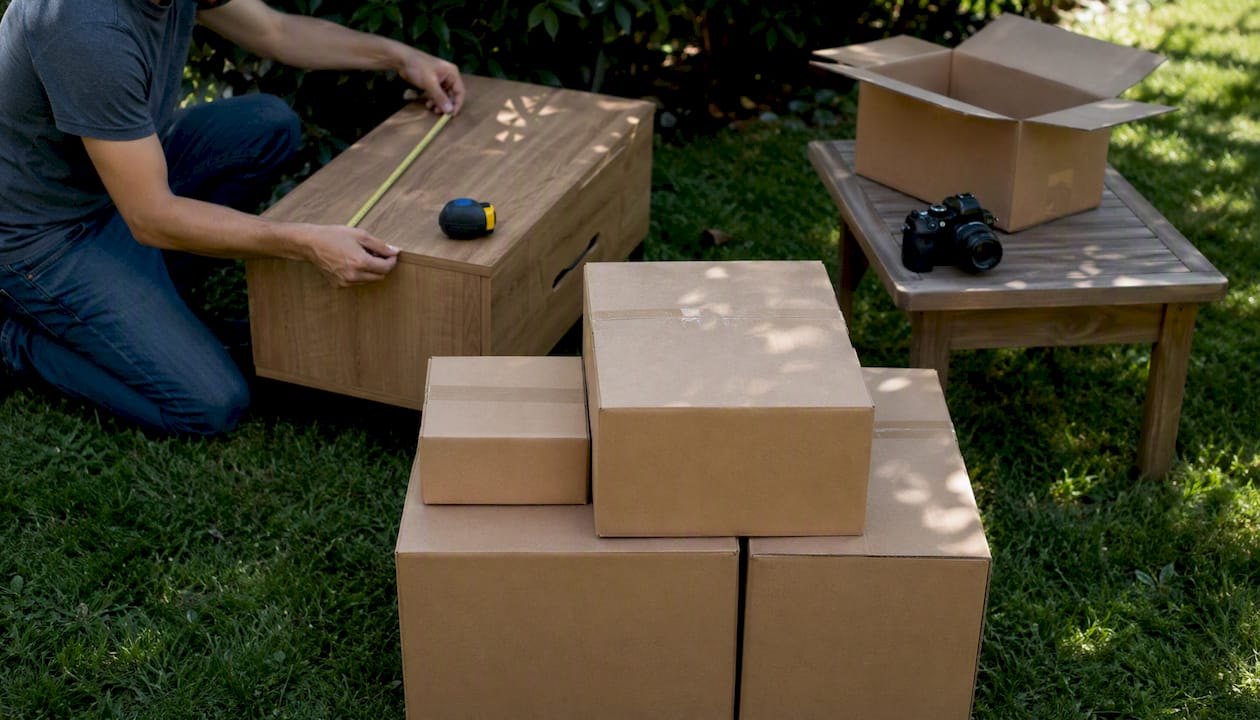 Des mains prennent les mesures des meubles pour préparer les cartons de déménagement.