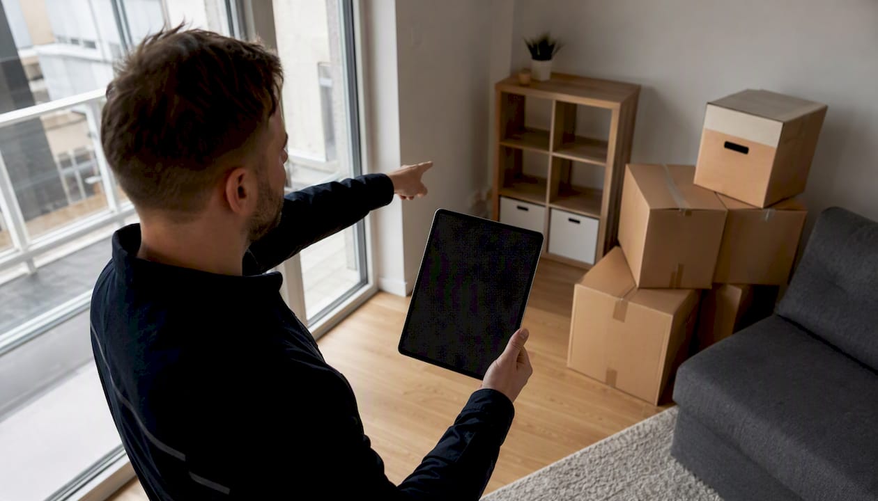 Un déménageur présente l’appartement lors d’une visite virtuelle