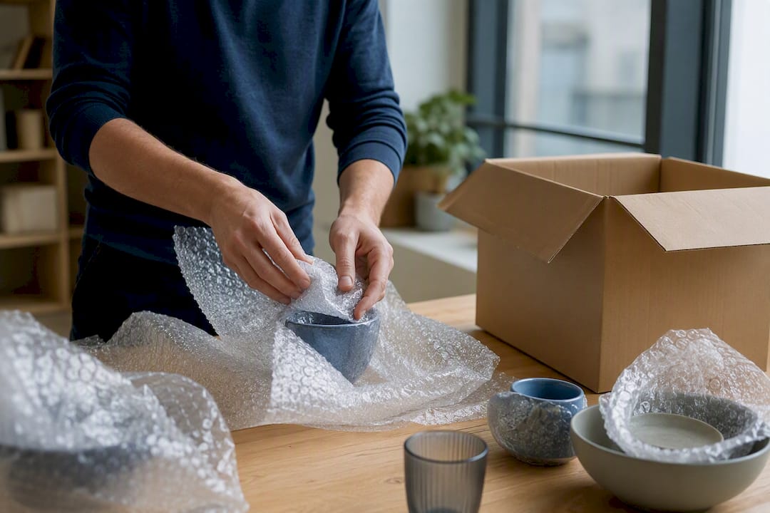 Des mains enveloppent soigneusement des objets fragiles avant un déménagement.