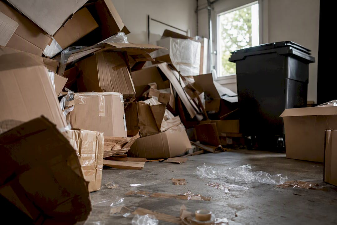 Tas de cartons accumulés dans un coin du couloir