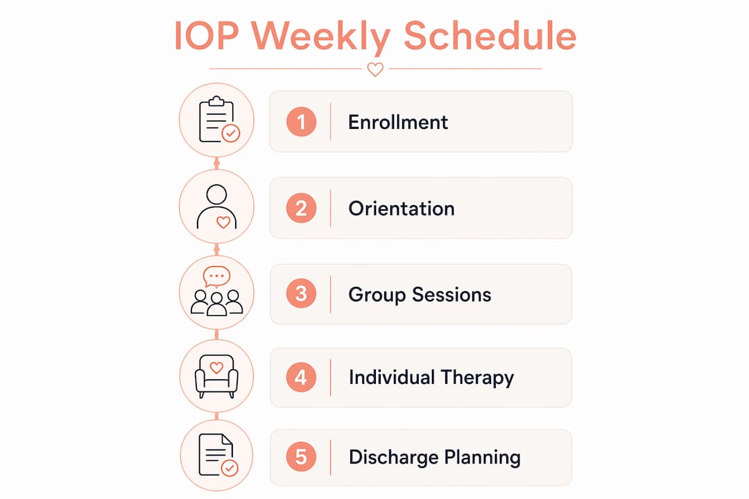 Infographic illustrating IOP weekly schedule flow and stages
