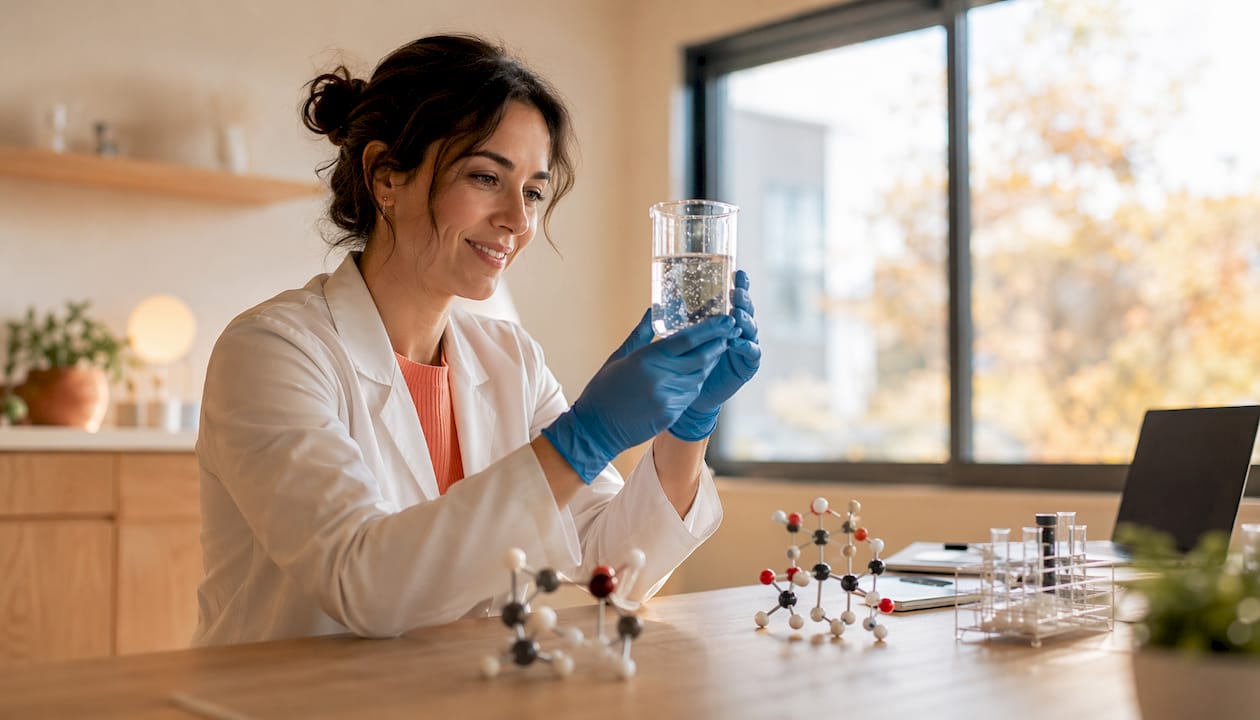Lab technician examining medication molecules