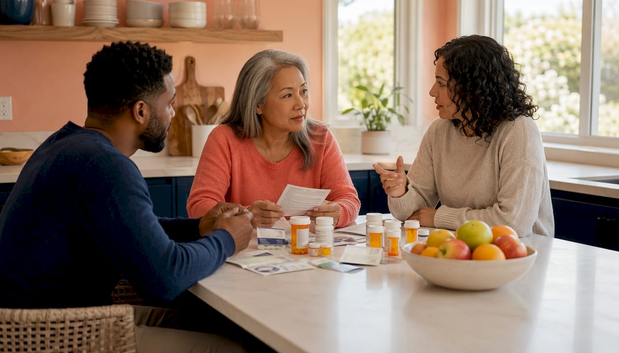 Close-up of medication bottles and notes on table