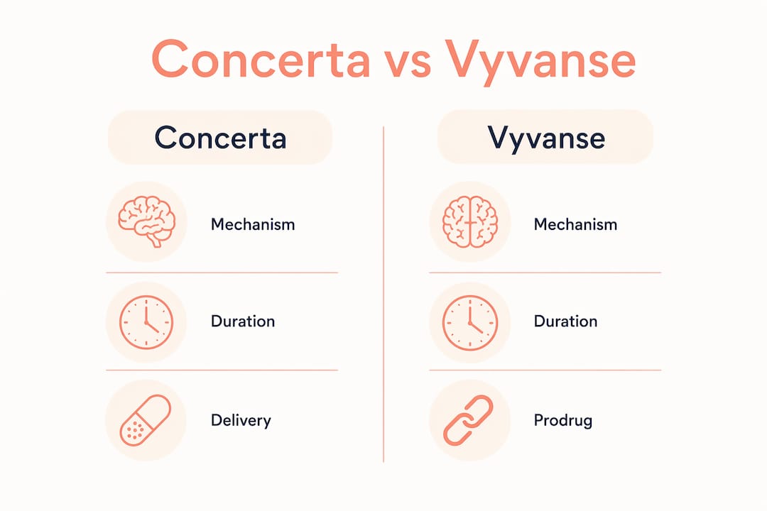 Infographic comparing Concerta and Vyvanse medications