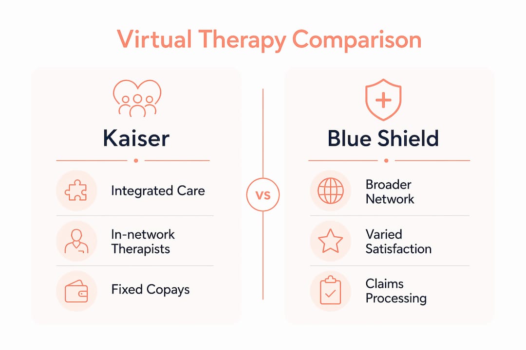 Infographic comparing Kaiser and Blue Shield virtual therapy benefits