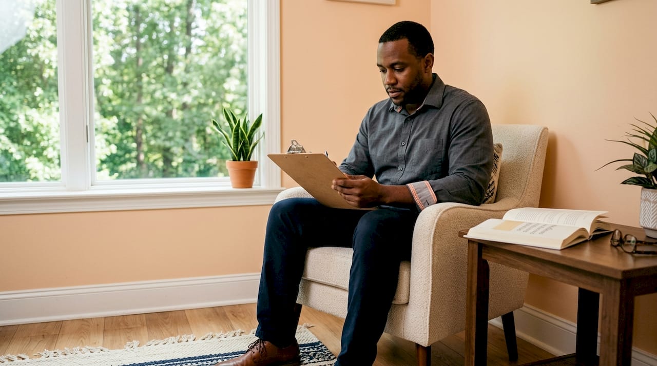 Therapist reviewing client form in counseling office