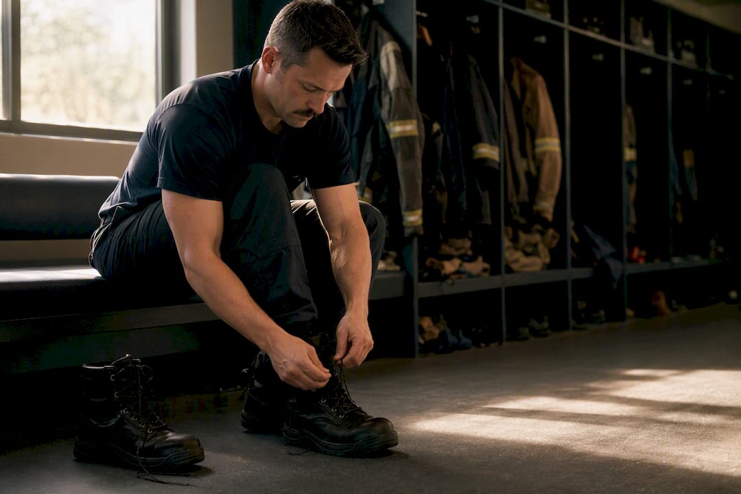 Emergency responder putting on gloves in locker room