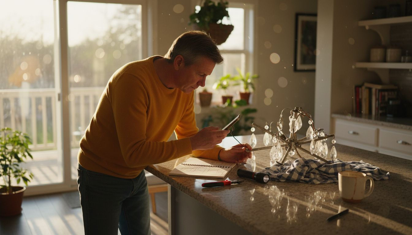Homeowner inspects chandelier fixture on kitchen island