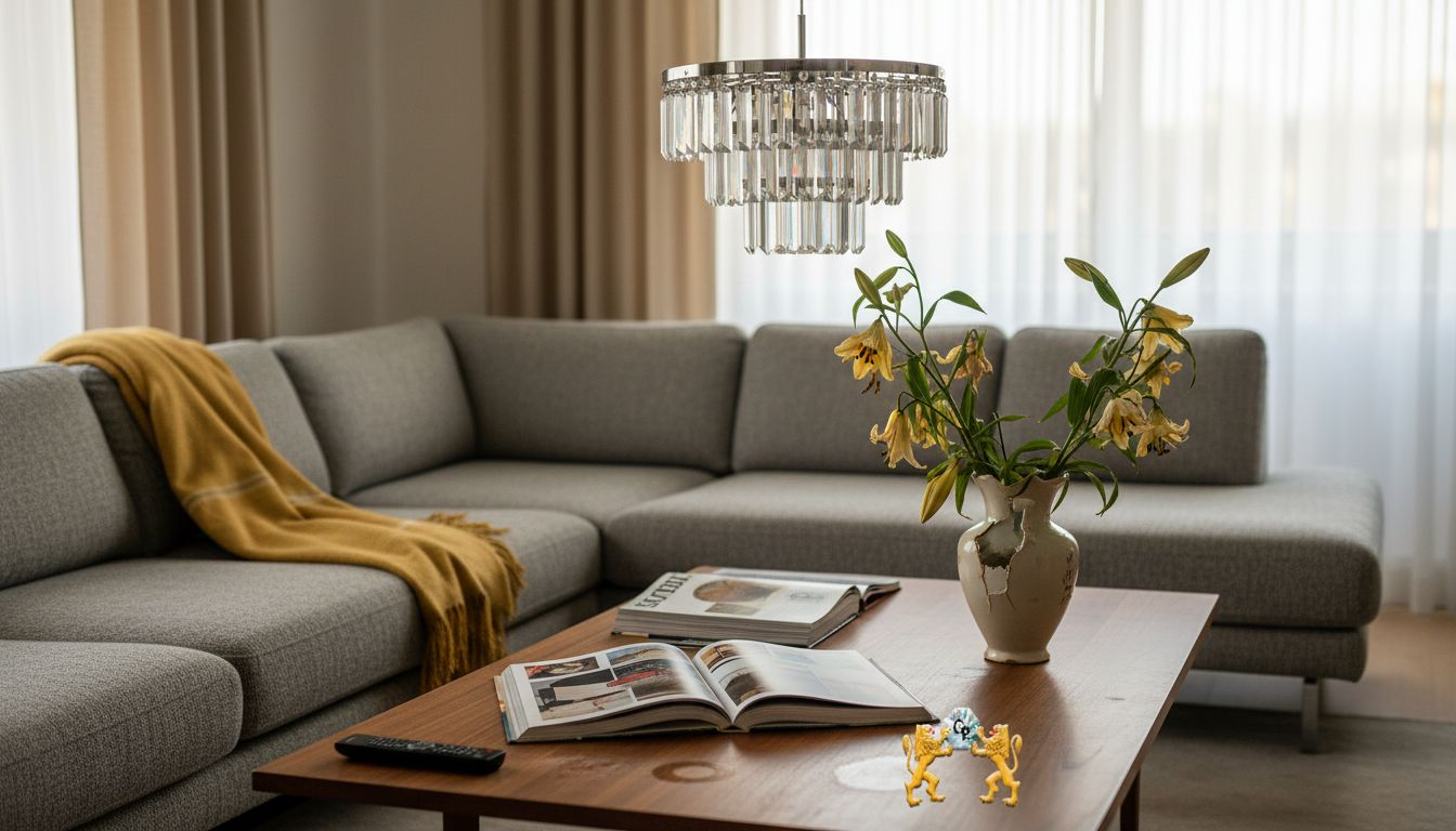 Modern living room with crystal chandelier
