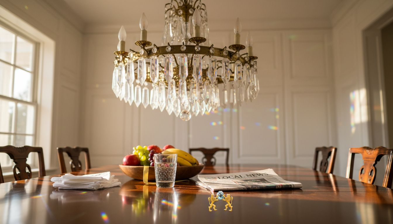 Chandelier crystals casting colored light patterns
