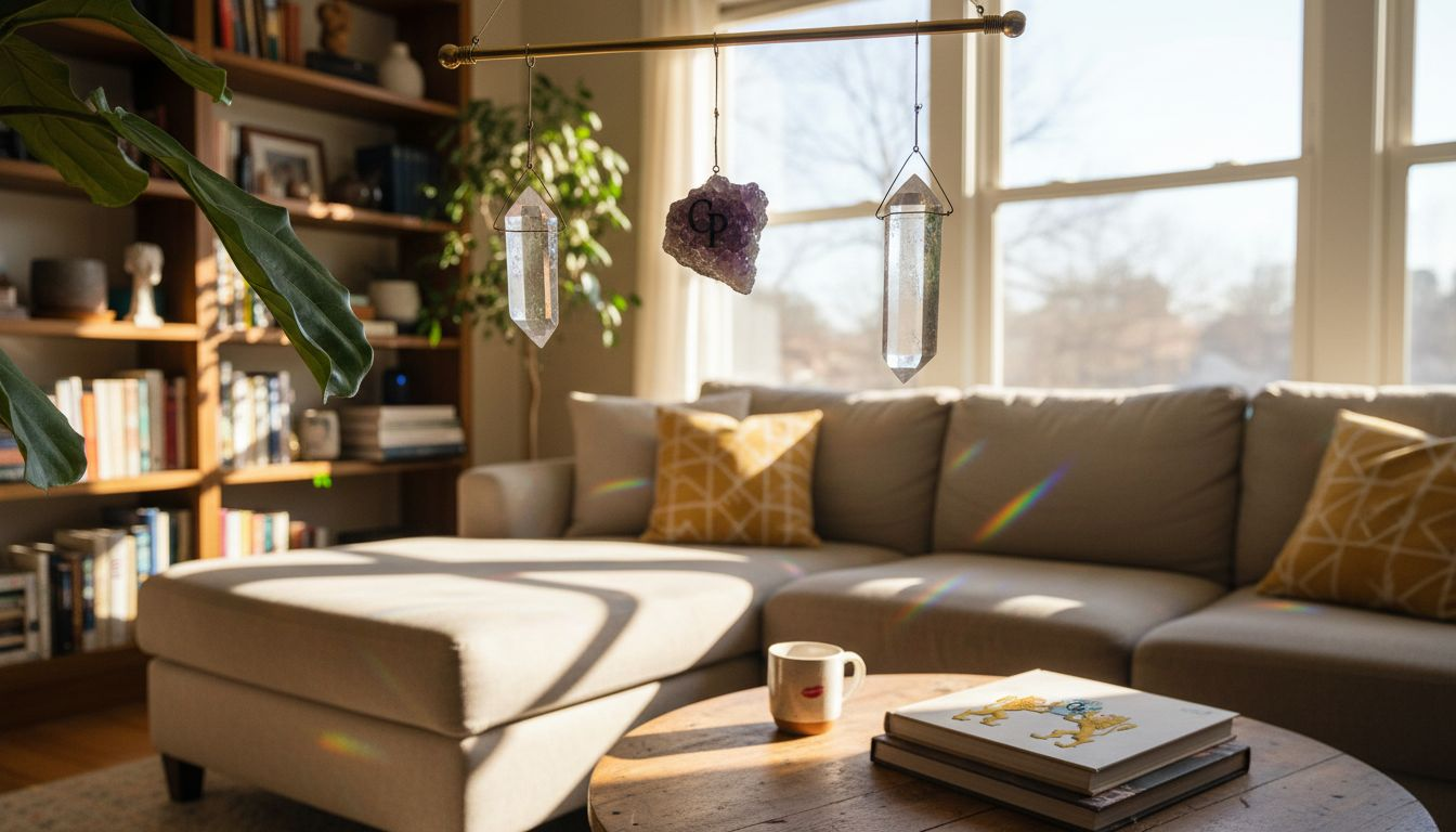 Natural crystals hanging in sunny living room