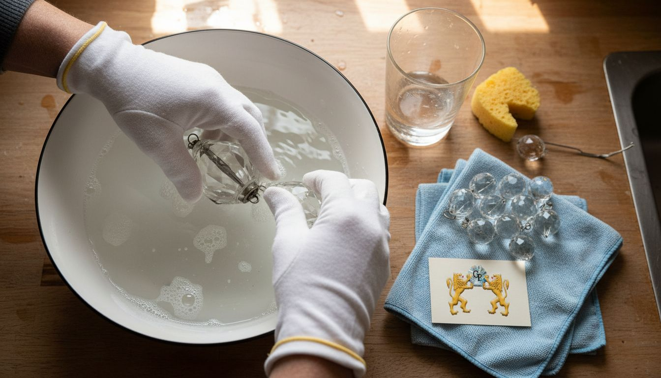 Hands cleaning chandelier crystals in bowl