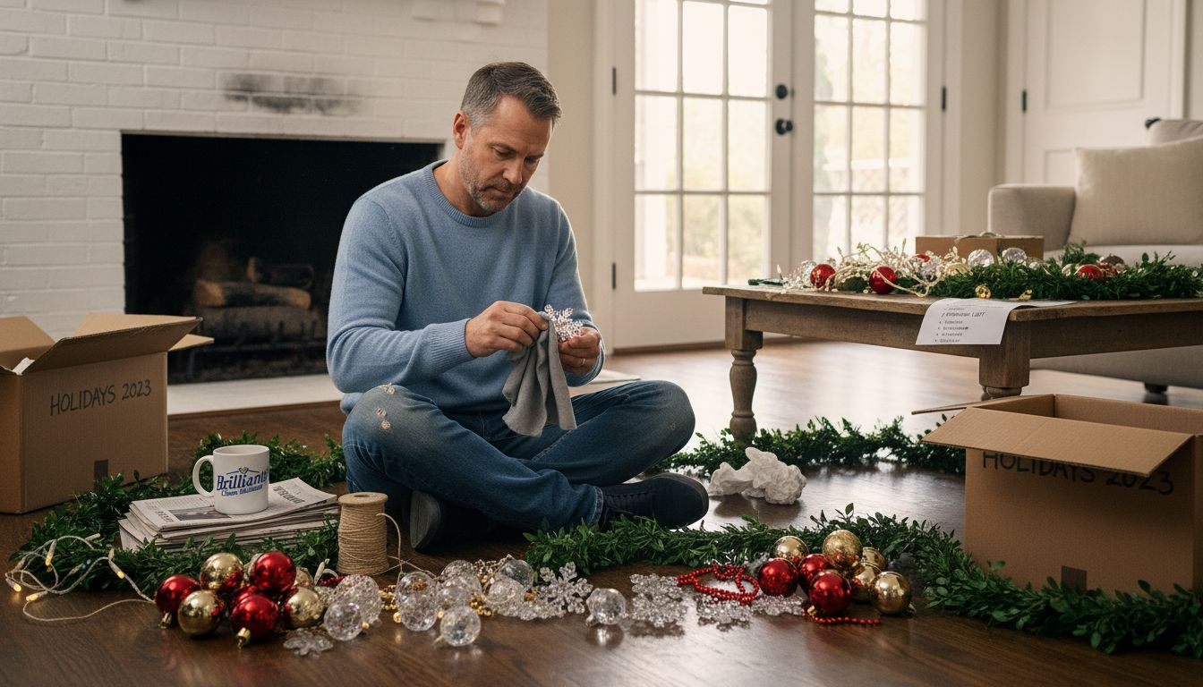 Man sorting and cleaning holiday decorations