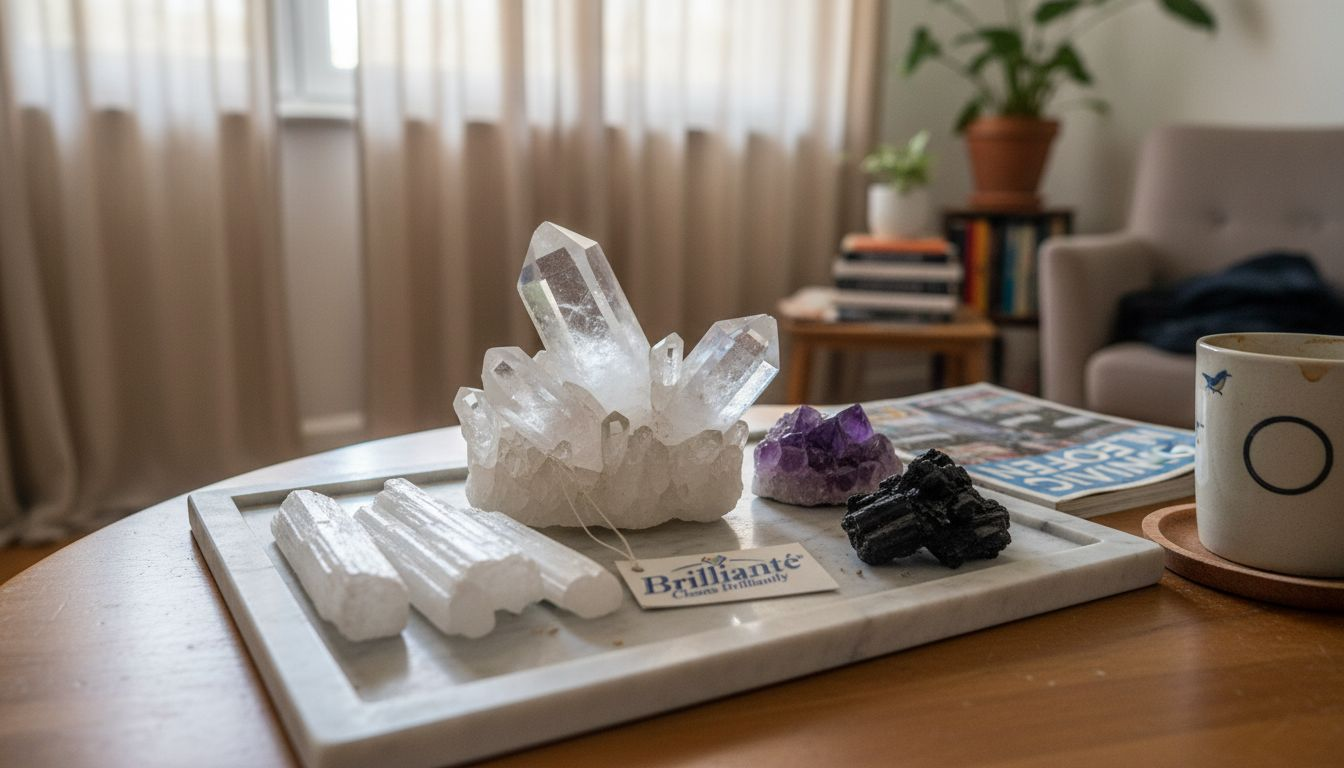 Various cleansing crystals on marble tray