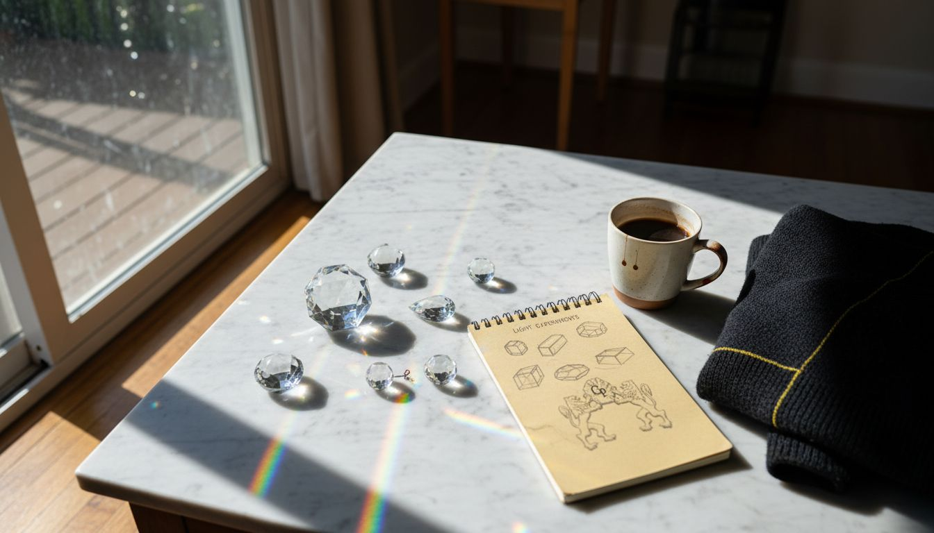 Varieties of crystal prisms on table