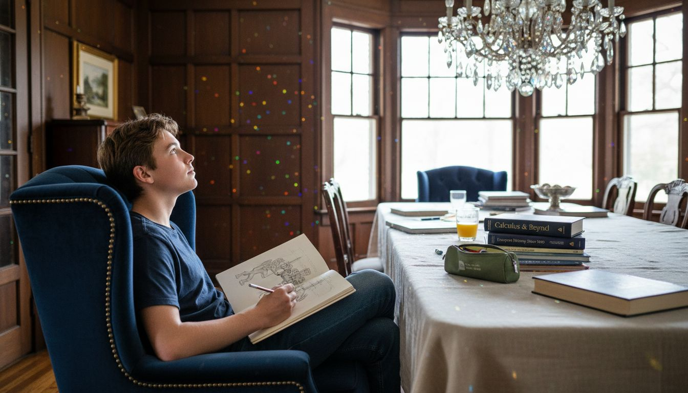 Boy in dining room with chandelier prism rainbows