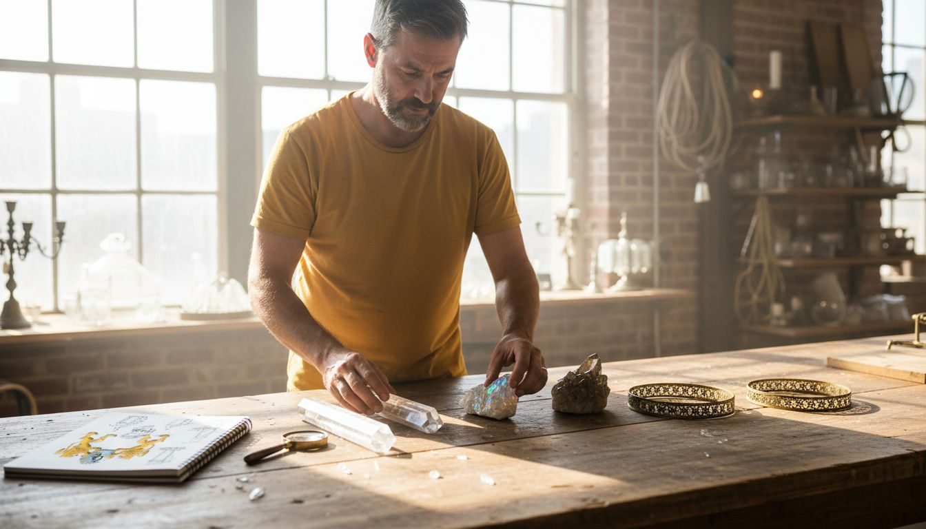 Designer comparing chandelier crystals and metals