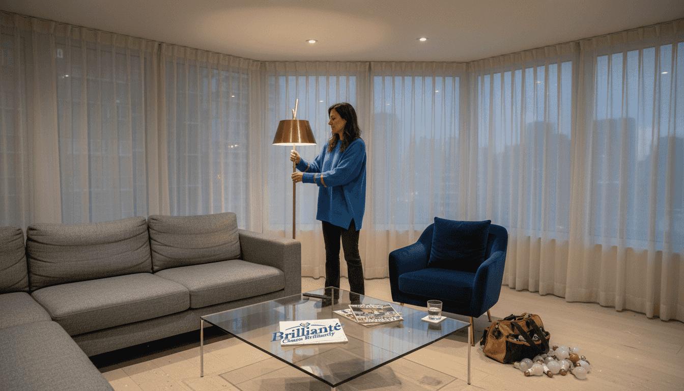 Designer arranging layered lighting in living room