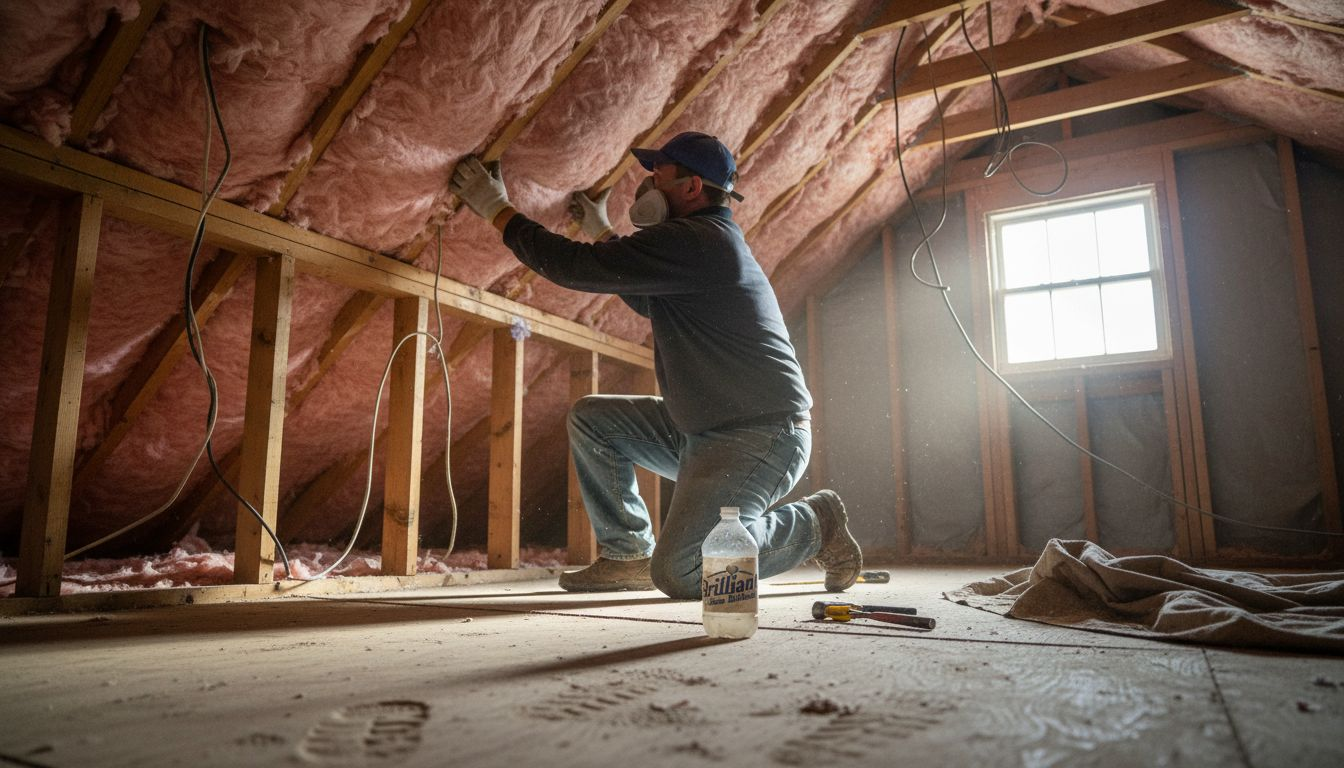 Contractor installs insulation in attic