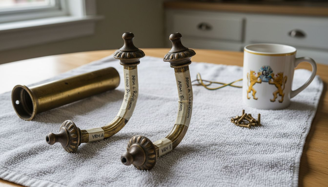 Chandelier arms and finials labeled on table
