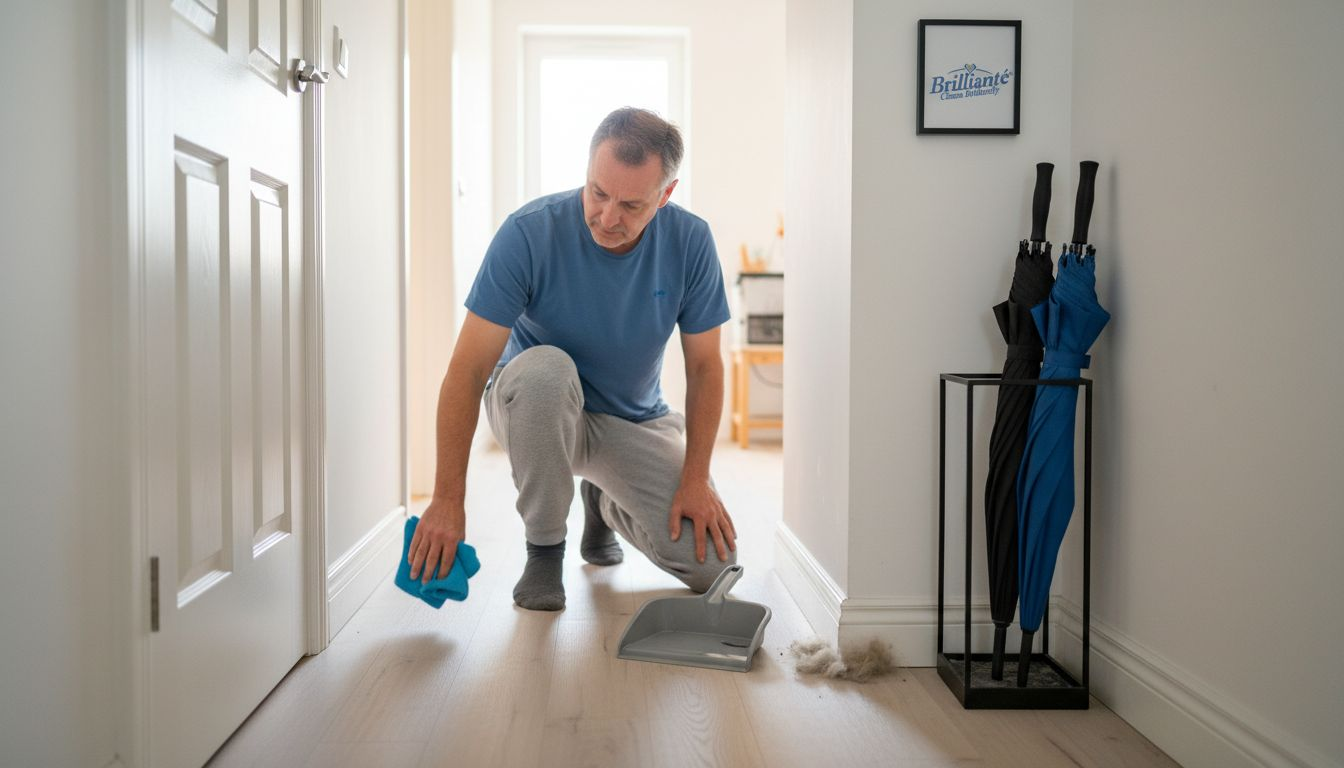 Man dusts baseboards with microfiber cloth