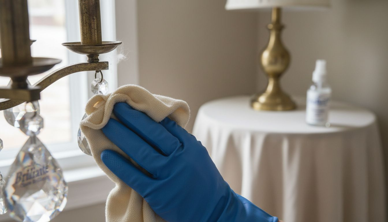 Close-up gentle cleaning of chandelier crystal