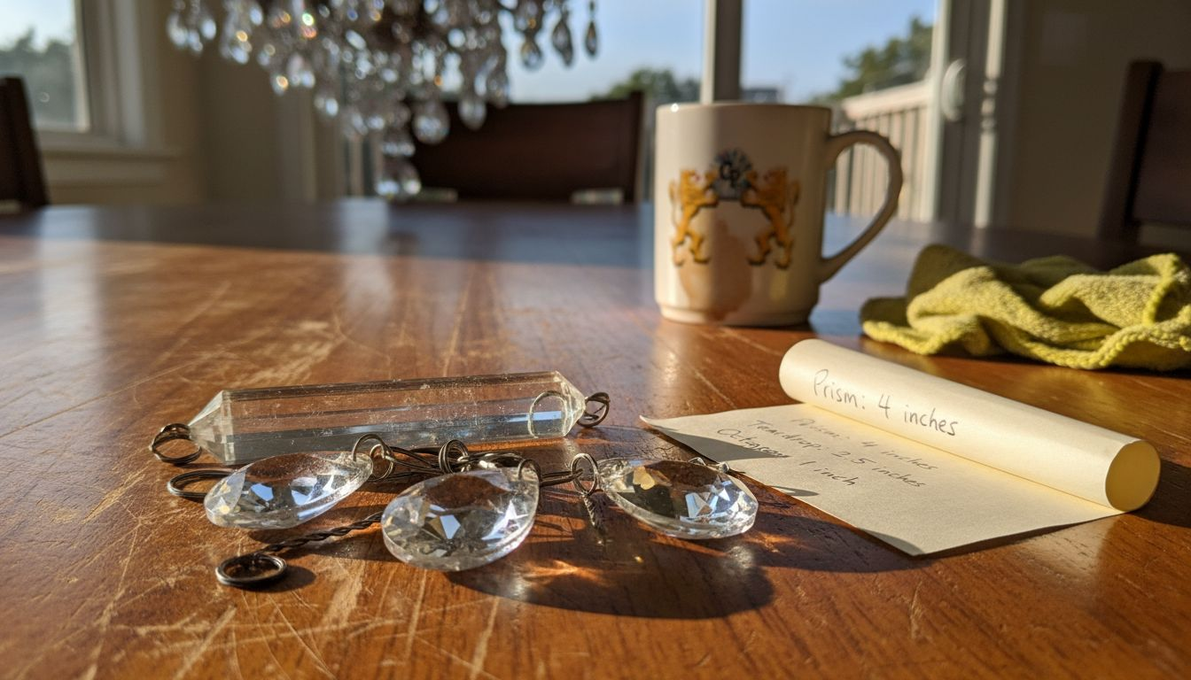 Chandelier crystals and connectors on table