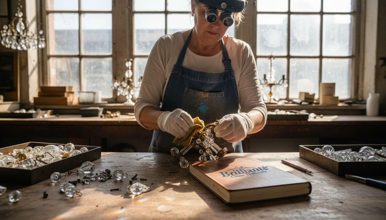Artisan hand-polishing crystal chandelier arm in workshop