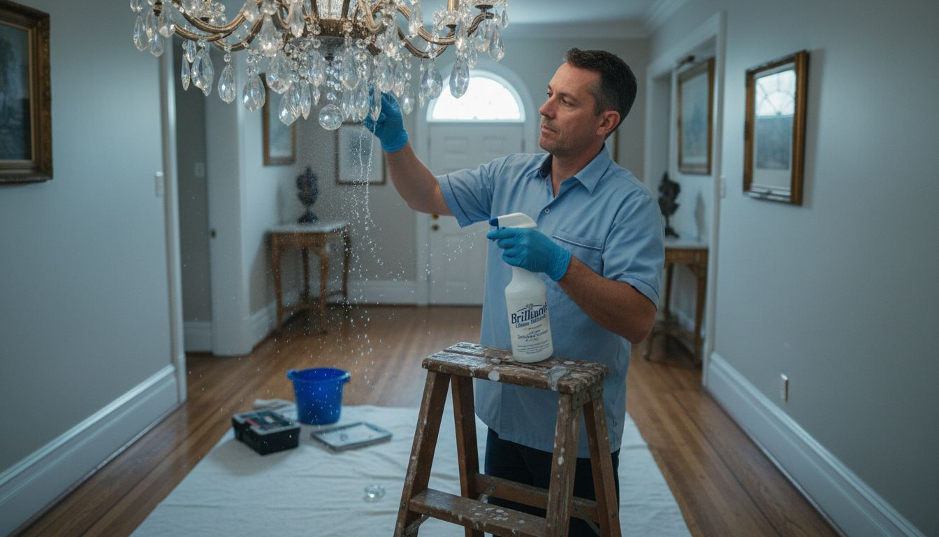 Man using drip-dry spray on chandelier crystals