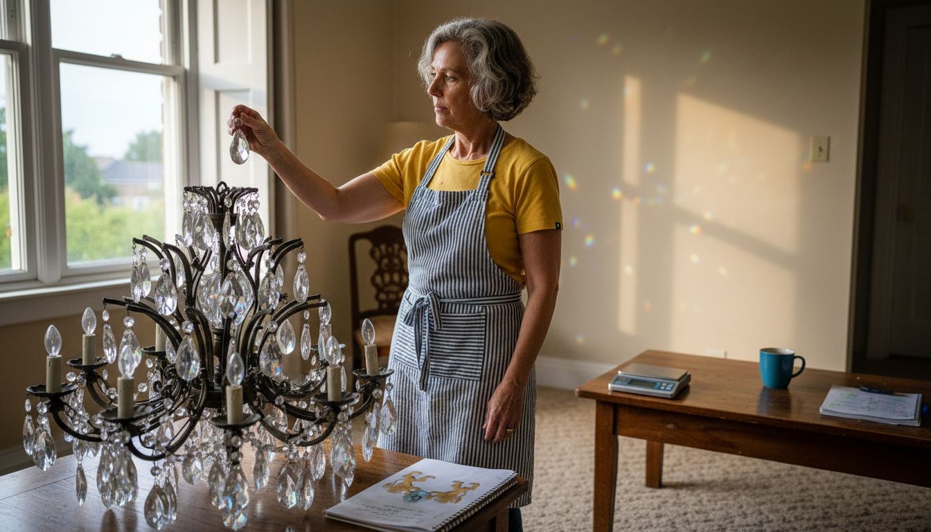 Woman inspecting chandelier crystal for authenticity