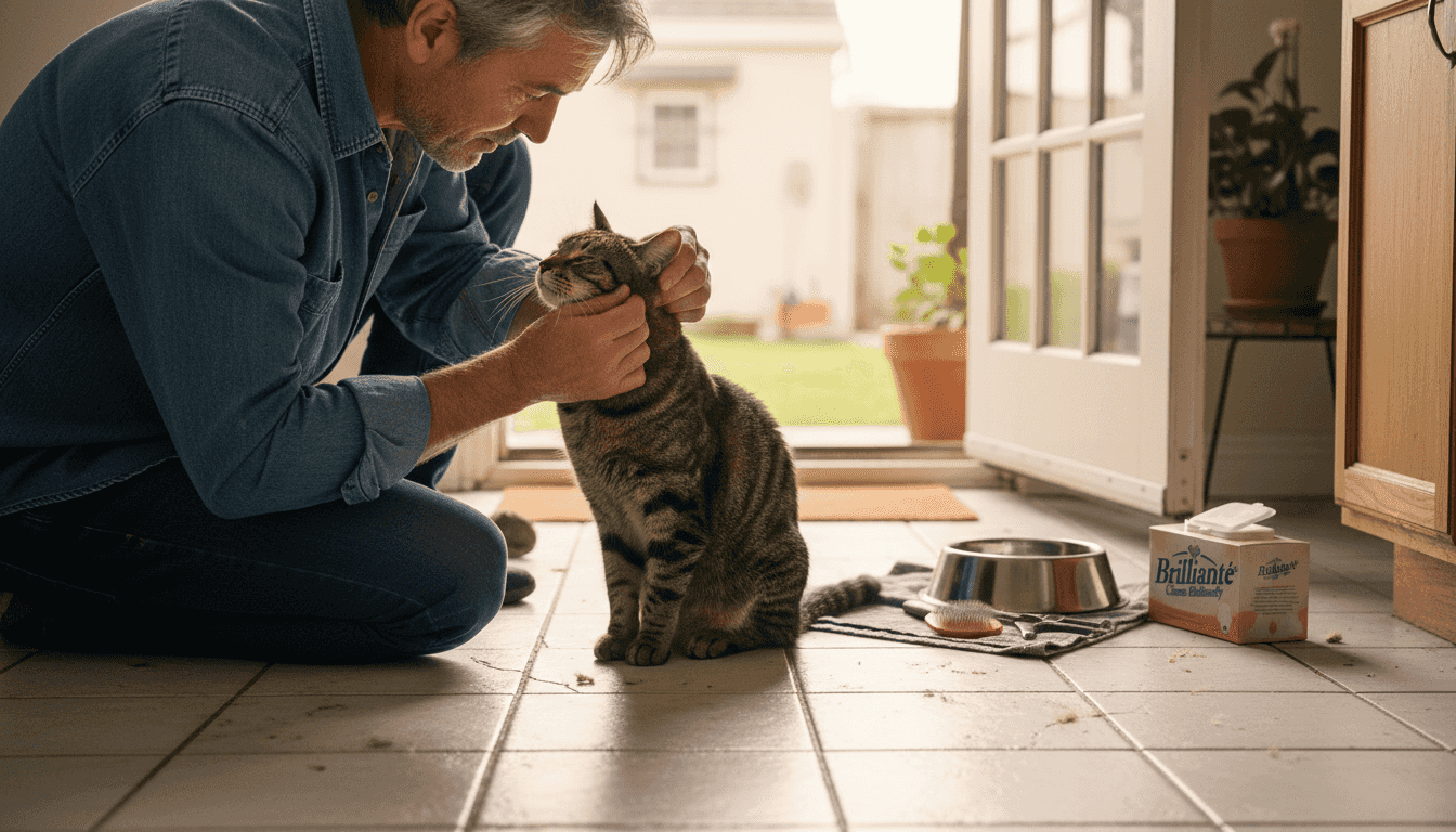 Owner checking cat’s ears before grooming