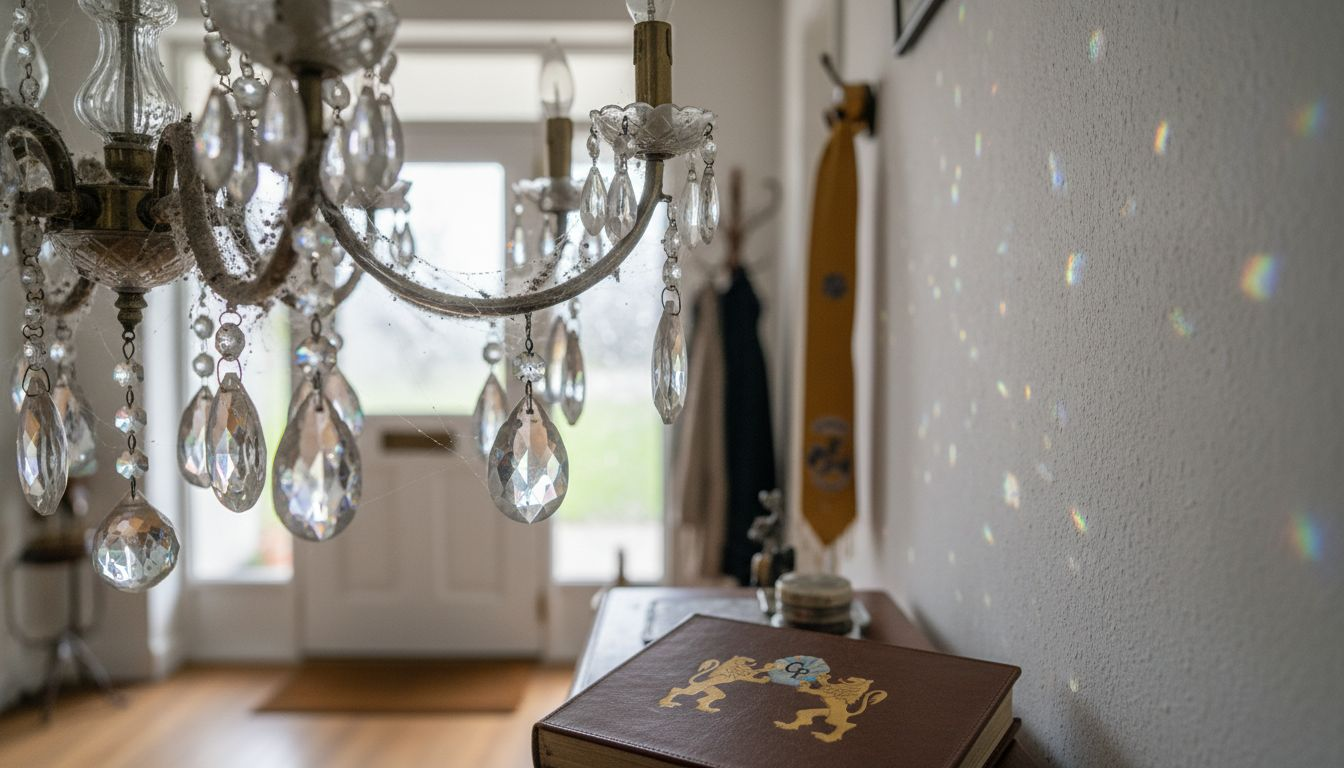 Closeup dusty versus clean chandelier crystals