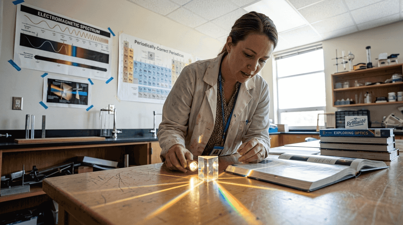 Teacher shining light through crystal prism in classroom
