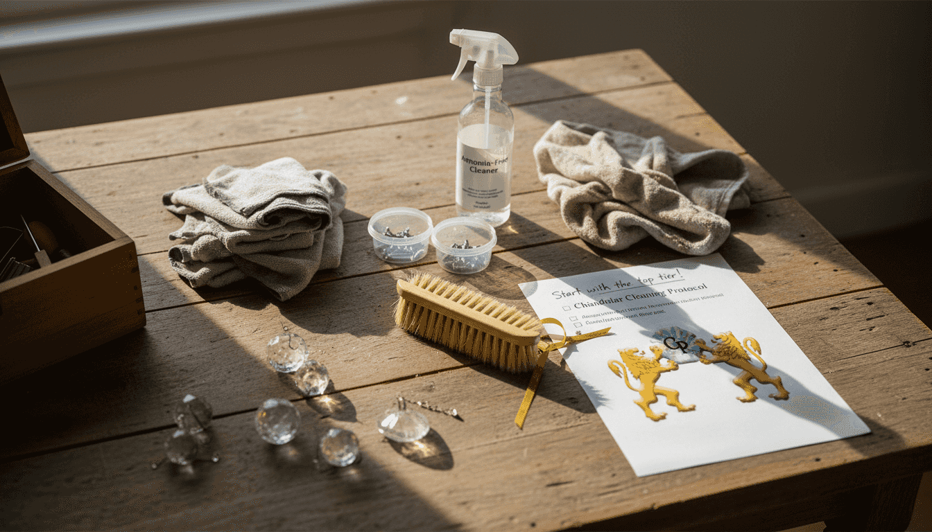 Chandelier cleaning tools spread out on table