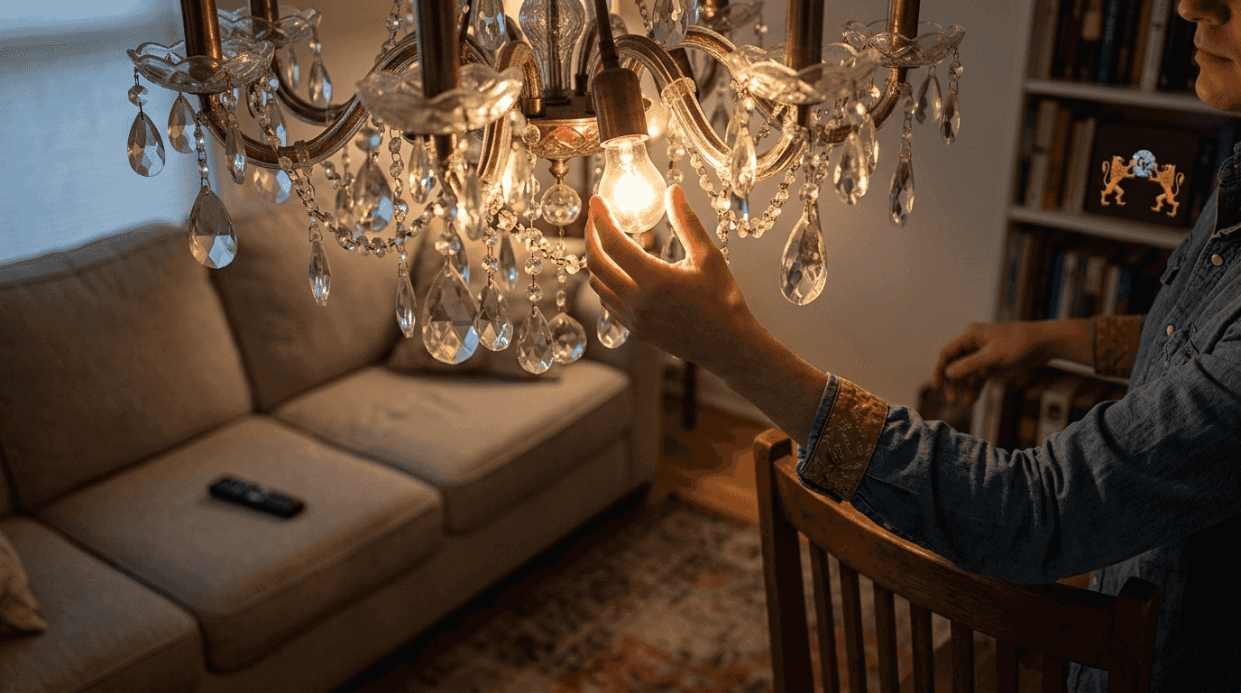 Homeowner changing chandelier bulb for brilliance