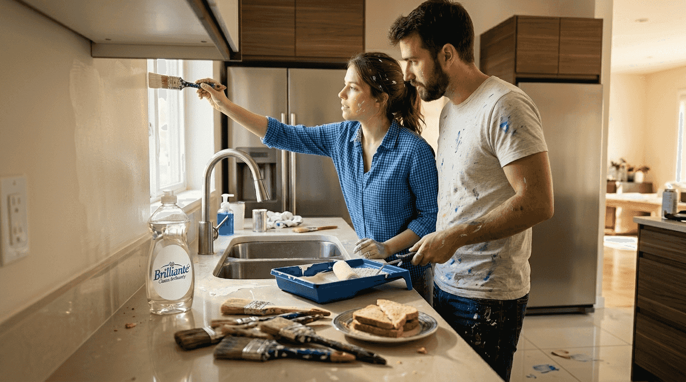 Couple painting kitchen wall in daylight