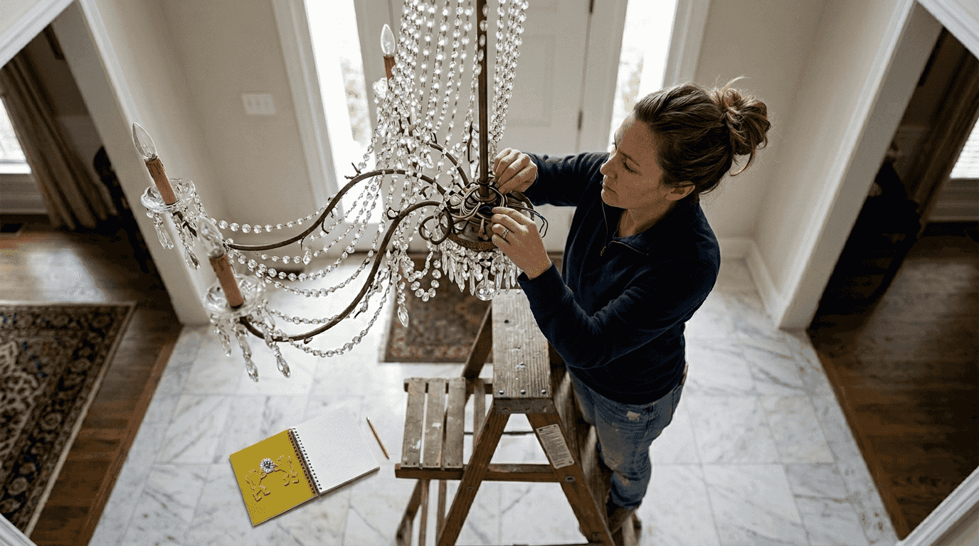 Woman inspecting chandelier from step ladder