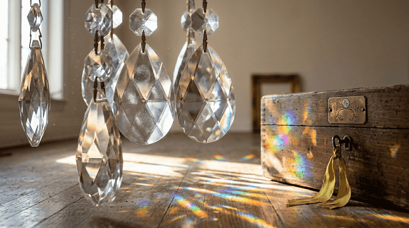 Close-up of Swarovski chandelier crystals with rainbow light
