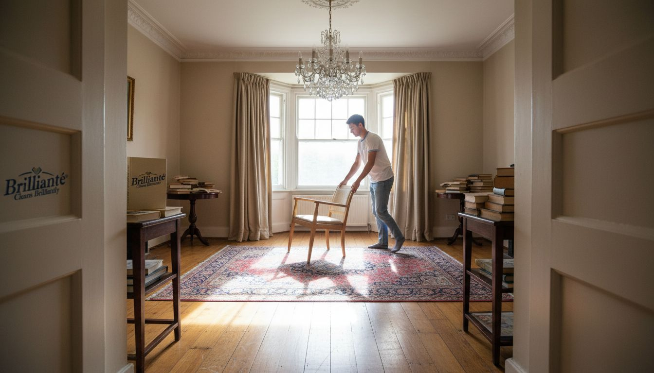 Person clears space under chandelier