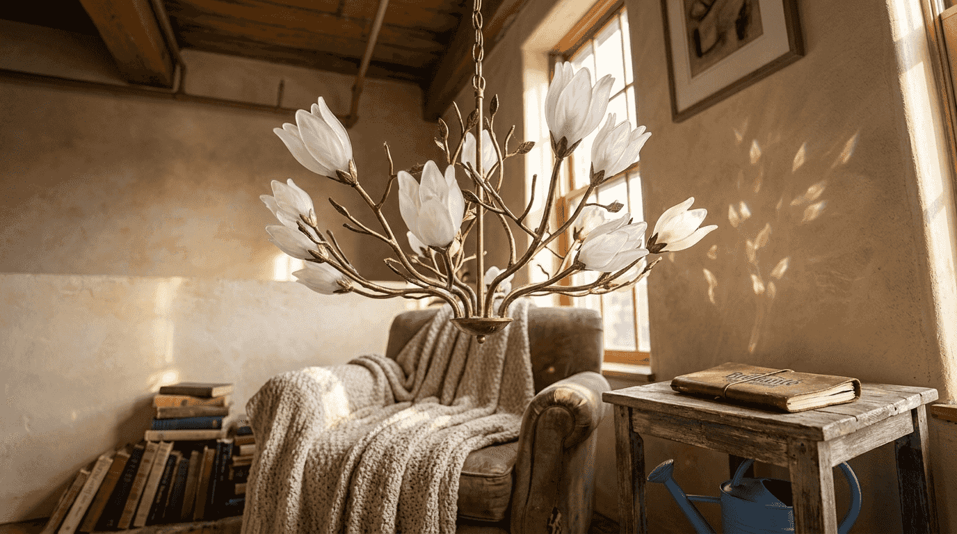 Botanical-inspired chandelier above reading nook