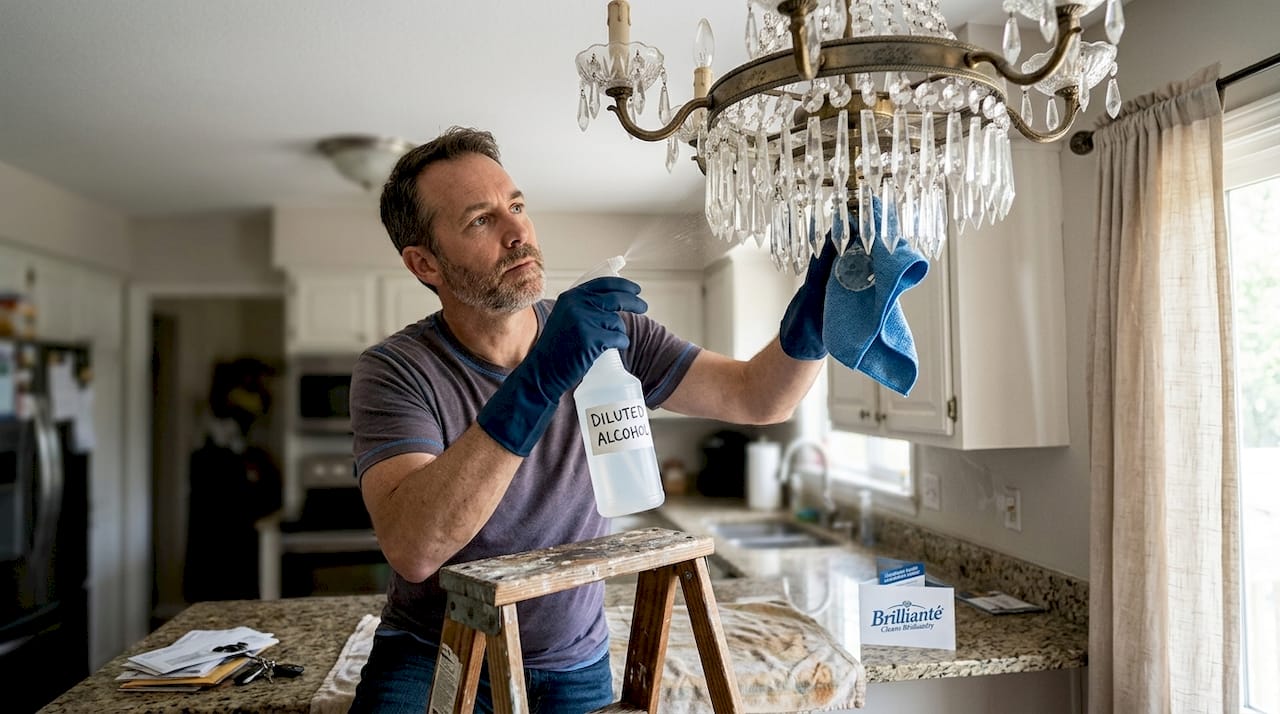 Man cleaning crystal chandelier above kitchen
