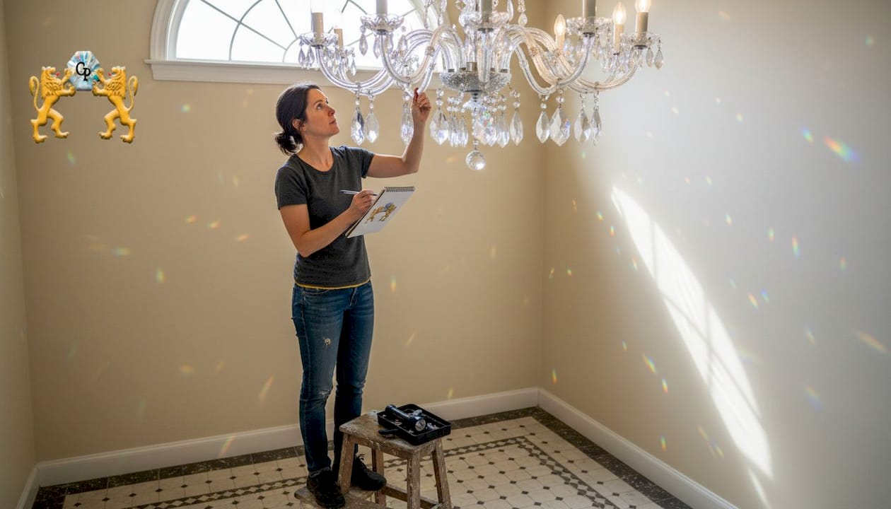 Woman inspecting chandelier for maintenance checklist