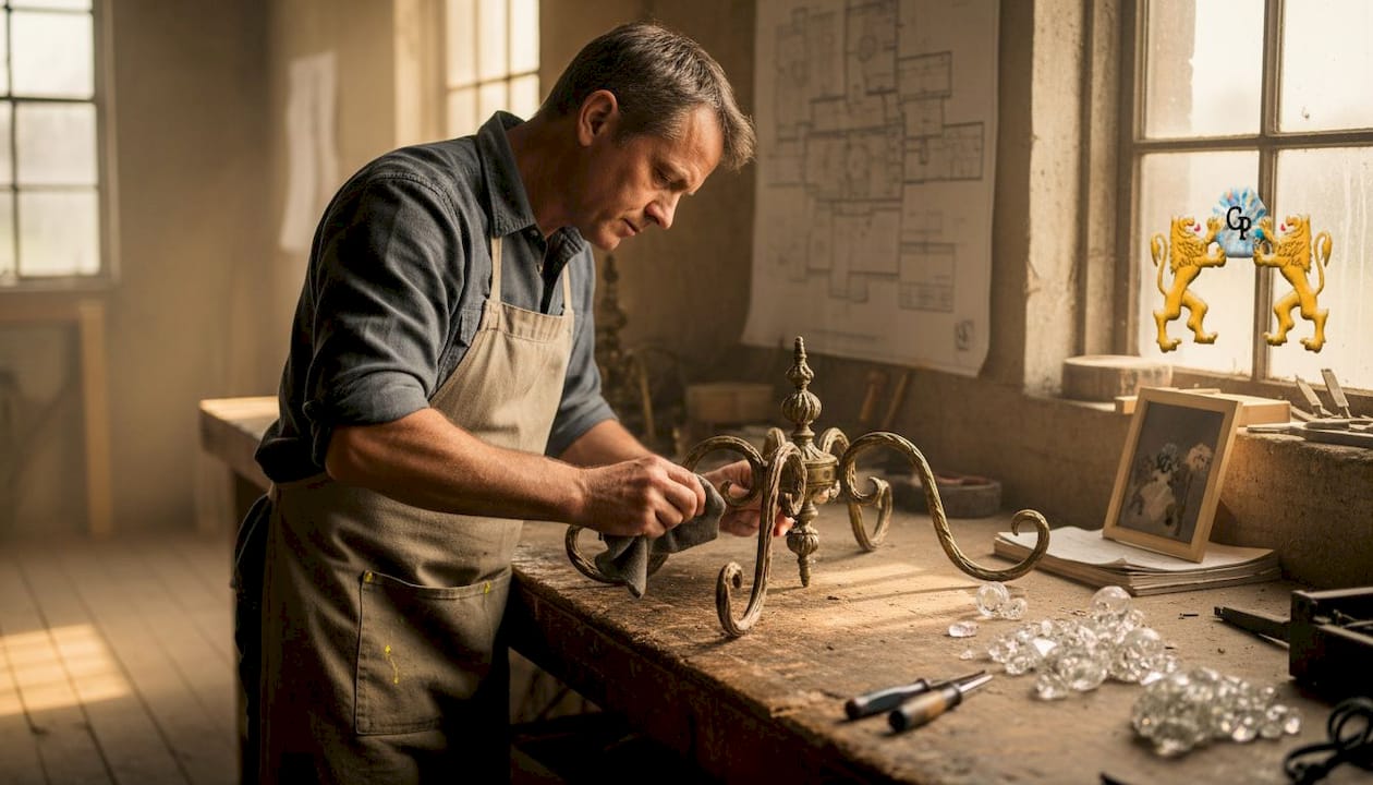 Artisan polishing chandelier part at workshop bench