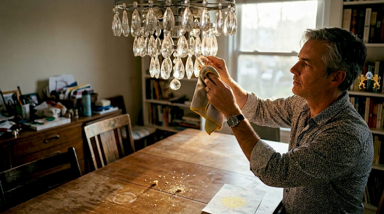Man cleaning chandelier crystals in dining room