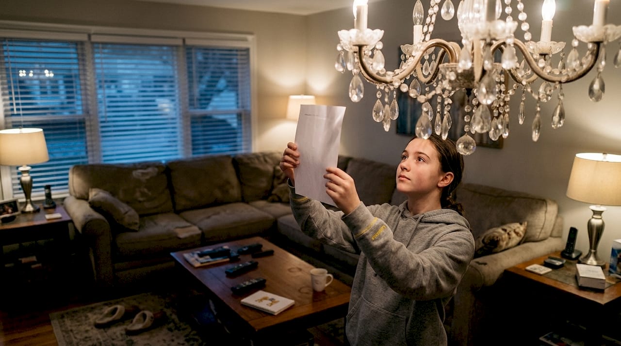 Girl compares light from dusty chandelier