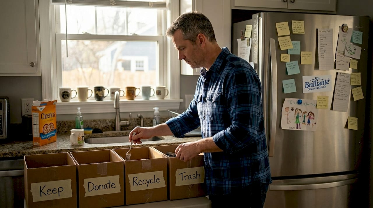 Man sorting kitchen items into declutter boxes