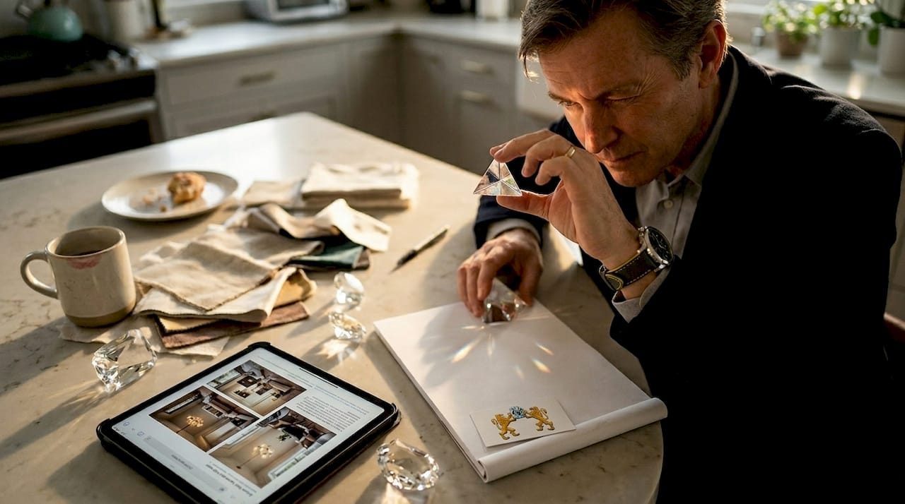Specialist comparing crystal types on tabletop