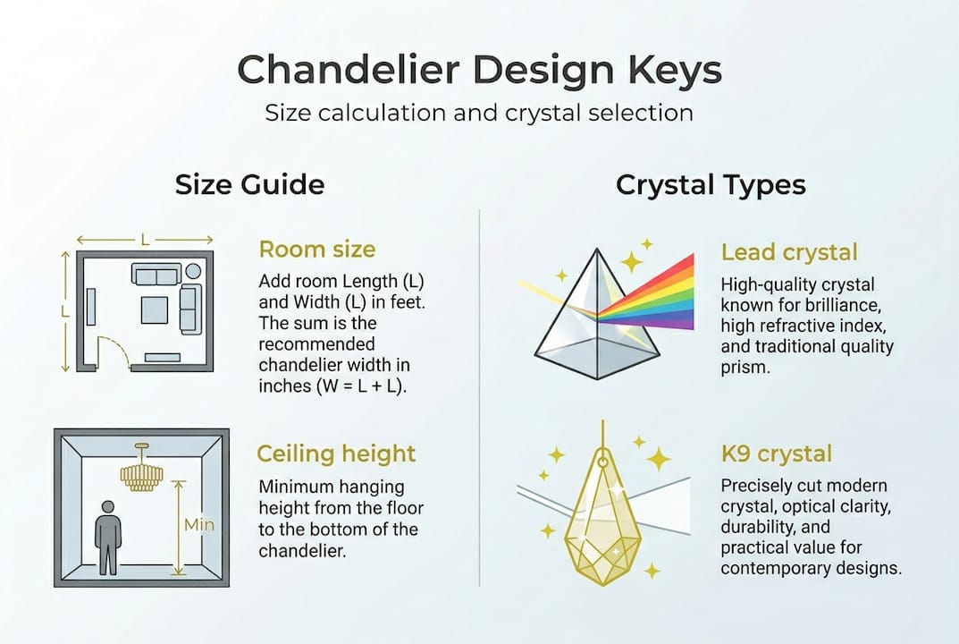 Infographic on chandelier size and crystal choices