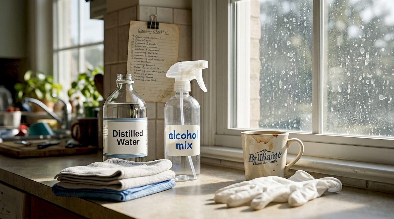 Non-abrasive cleaning tools ready on kitchen counter