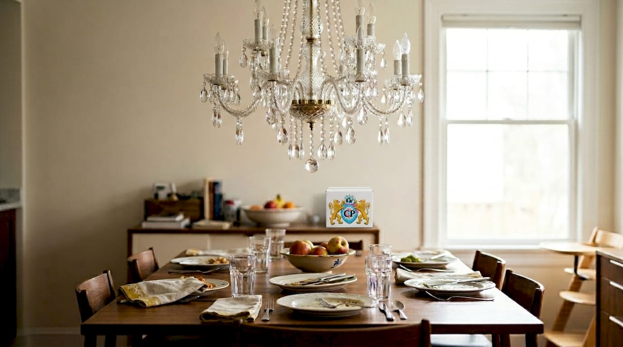 Empire crystal chandelier above dining table